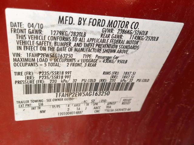 1FAHP2EW5AG163250 - 2010 FORD TAURUS SEL RED photo 10