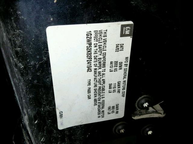 1G2WP52K82F241942 - 2002 PONTIAC GRAND PRIX BLACK photo 10