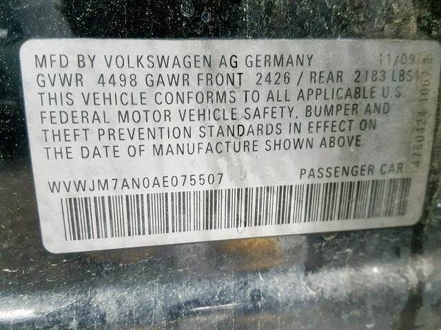 WVWJM7AN0AE075507 - 2010 VOLKSWAGEN PASSAT KOM BLACK photo 10