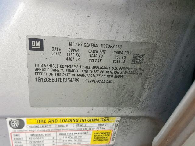1G1ZC5EU7CF264589 - 2012 CHEVROLET MALIBU 1LT SILVER photo 10