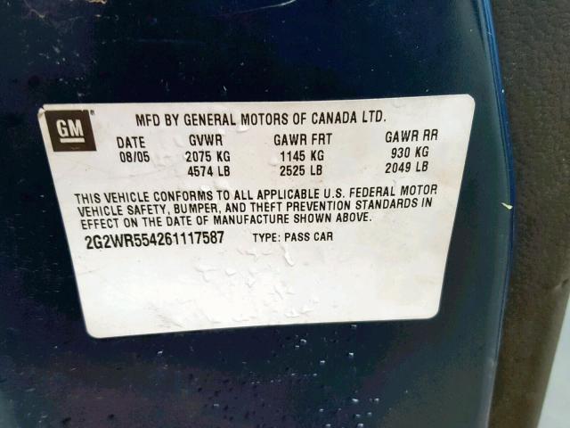 2G2WR554261117587 - 2006 PONTIAC GRAND PRIX BLUE photo 10