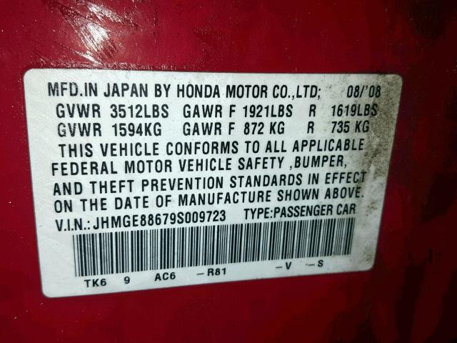 JHMGE88679S009723 - 2009 HONDA FIT SPORT RED photo 10