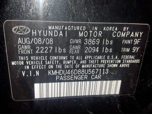 KMHDU46D88U567113 - 2008 HYUNDAI ELANTRA GL BLACK photo 10