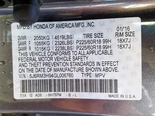 5J6RM3H94GL006760 - 2016 HONDA CR-V TOURI CHARCOAL photo 10