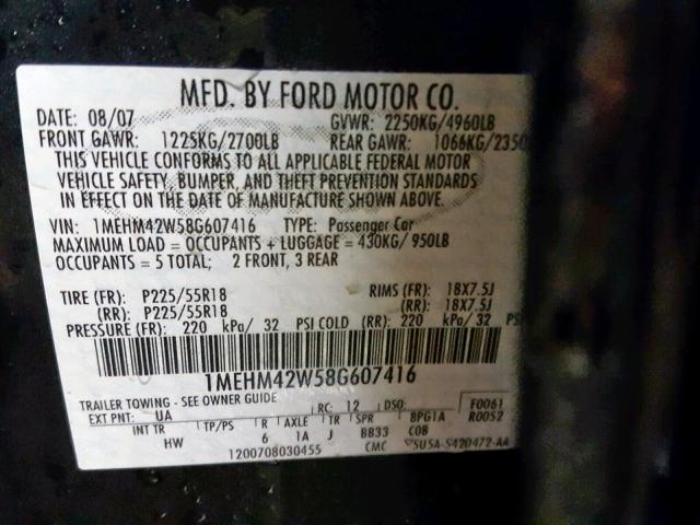 1MEHM42W58G607416 - 2008 MERCURY SABLE PREM BLACK photo 10