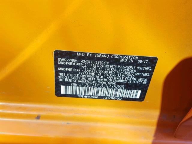 JF2GTADC8JH236898 - 2018 SUBARU CROSSTREK ORANGE photo 10