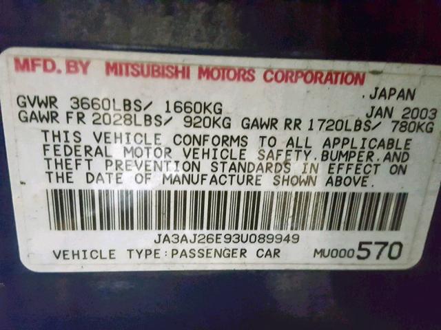 JA3AJ26E93U089949 - 2003 MITSUBISHI LANCER ES BLUE photo 10