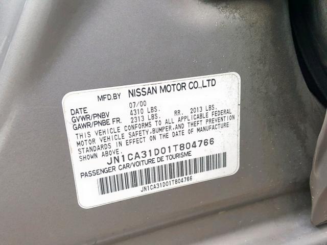 JN1CA31D01T804766 - 2001 NISSAN MAXIMA GXE GOLD photo 10