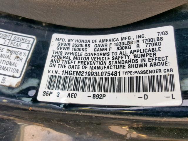 1HGEM21993L075481 - 2003 HONDA CIVIC EX BLACK photo 10