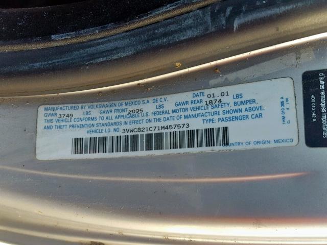 3VWCB21C71M457573 - 2001 VOLKSWAGEN NEW BEETLE ვერცხლისფერი ფოტო 10