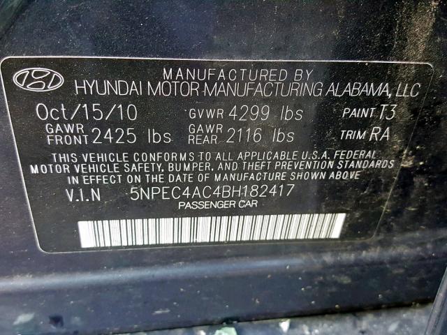 5NPEC4AC4BH182417 - 2011 HYUNDAI SONATA SE GRAY photo 10