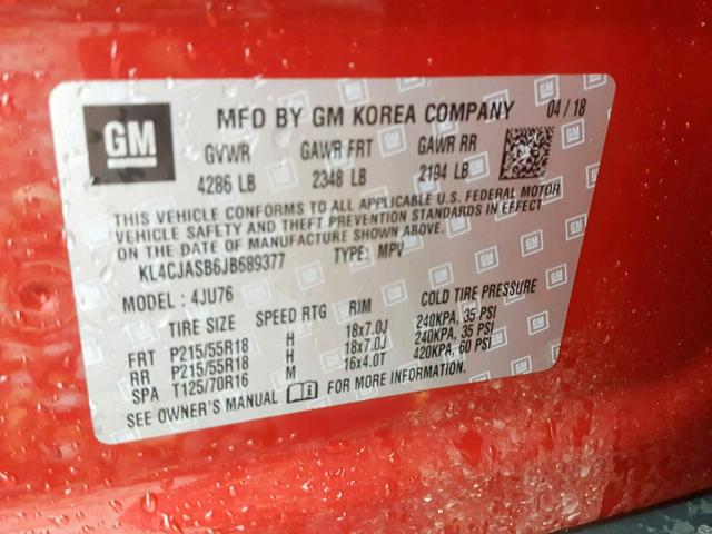 KL4CJASB6JB689377 - 2018 BUICK ENCORE PRE BURGUNDY photo 10