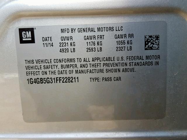 1G4GB5G31FF228211 - 2015 BUICK LACROSSE SILVER photo 10