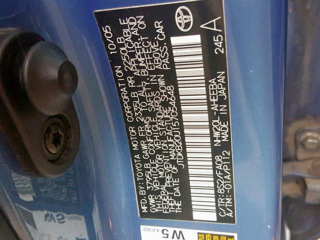 JTDKB20U157054648 - 2005 TOYOTA PRIUS BLUE photo 10