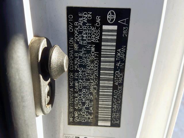 JTKJF5C72B3005171 - 2011 TOYOTA SCION TC თეთრი ფოტო 10