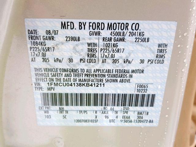 1FMCU04138KB41211 - 2008 FORD ESCAPE LIM TAN photo 10