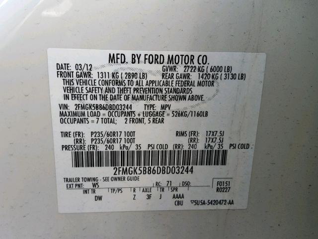 2FMGK5B86DBD03244 - 2013 FORD FLEX SE WHITE photo 10