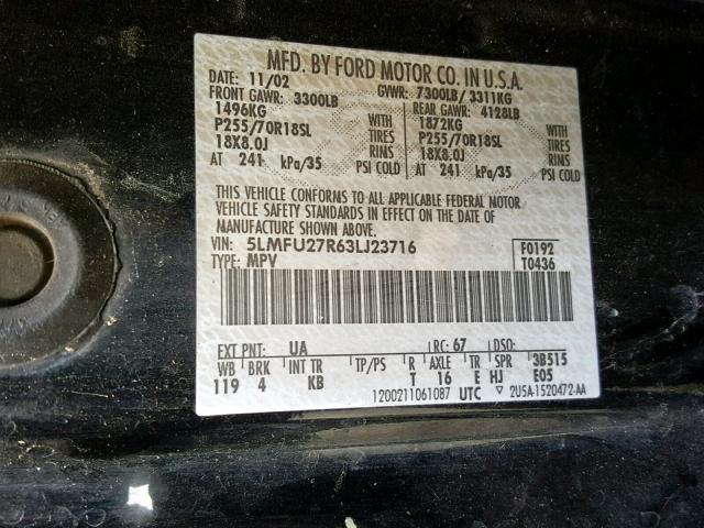 5LMFU27R63LJ23716 - 2003 LINCOLN NAVIGATOR Qara foto 10