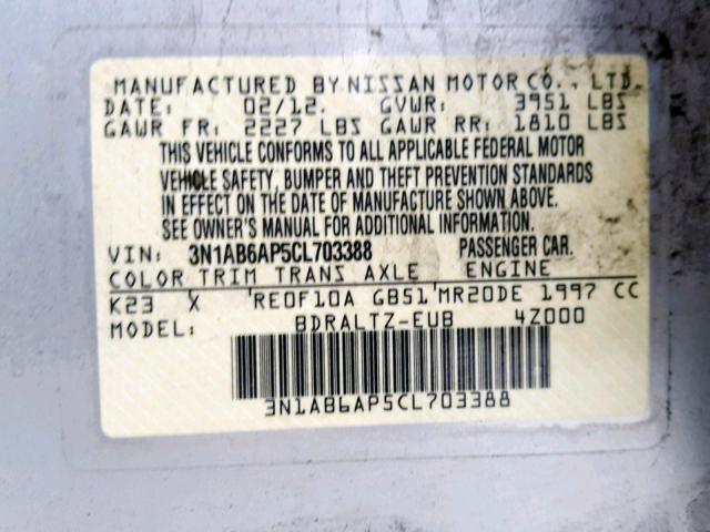 3N1AB6AP5CL703388 - 2012 NISSAN SENTRA 2.0 SILVER photo 10