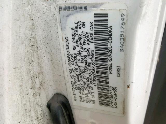 4T1BG22K6XU550462 - 1999 TOYOTA CAMRY CE WHITE photo 10