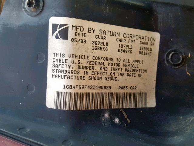 1G8AF52F43Z190039 - 2003 SATURN ION LEVEL MAROON photo 10