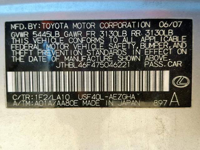 JTHBL46F475046221 - 2007 LEXUS LS 460 SILVER photo 10