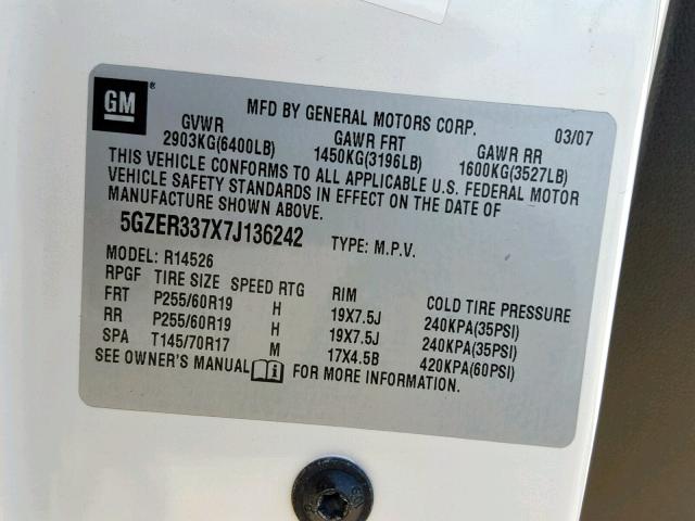 5GZER337X7J136242 - 2007 SATURN OUTLOOK SP თეთრი ფოტო 10