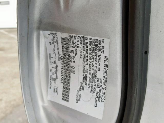 1FAFP55U52A257818 - 2002 FORD TAURUS SES SILVER photo 10