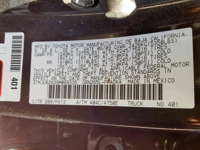 3TMJU62N39M089335 - 2009 TOYOTA TACOMA DOU BLACK photo 10