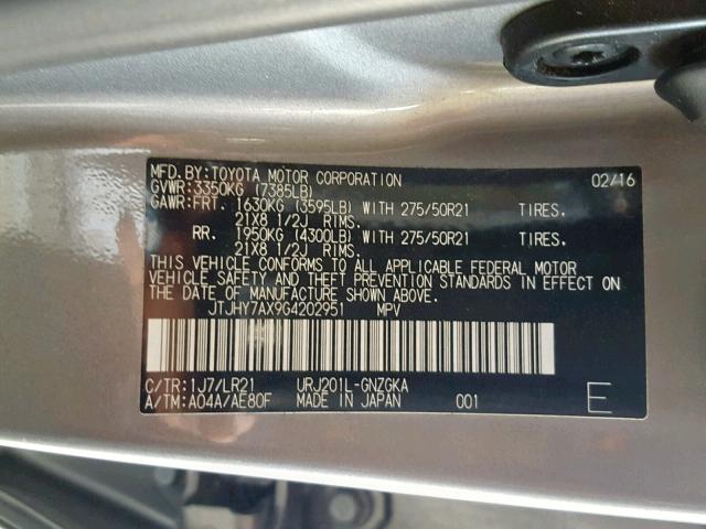 JTJHY7AX9G4202951 - 2016 LEXUS LX 570 SILVER photo 10