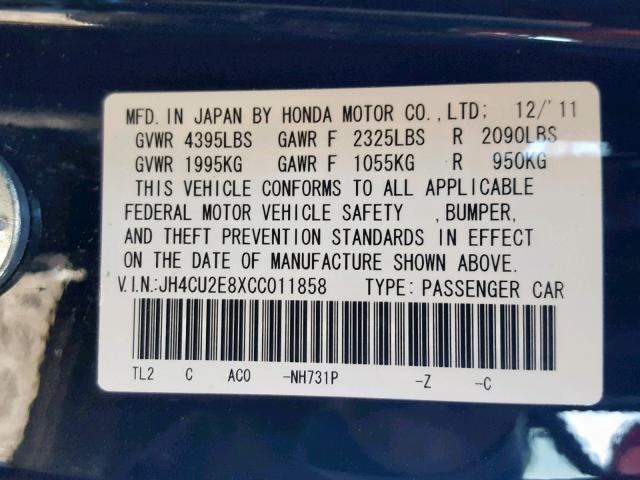 JH4CU2E8XCC011858 - 2012 ACURA TSX SE BLACK photo 10