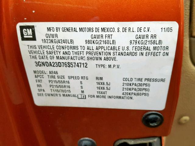 3GNDA23D76S574712 - 2006 CHEVROLET HHR LT ORANGE photo 10