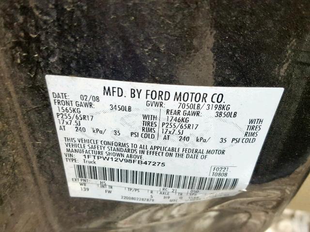 1FTPW12V98FB47275 - 2008 FORD F150 SUPER GRAY photo 10