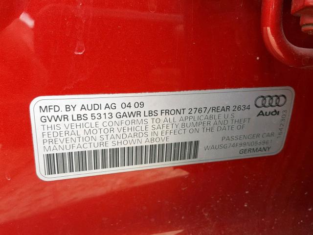 WAUSG74F99N055961 - 2009 AUDI A6 RED photo 10