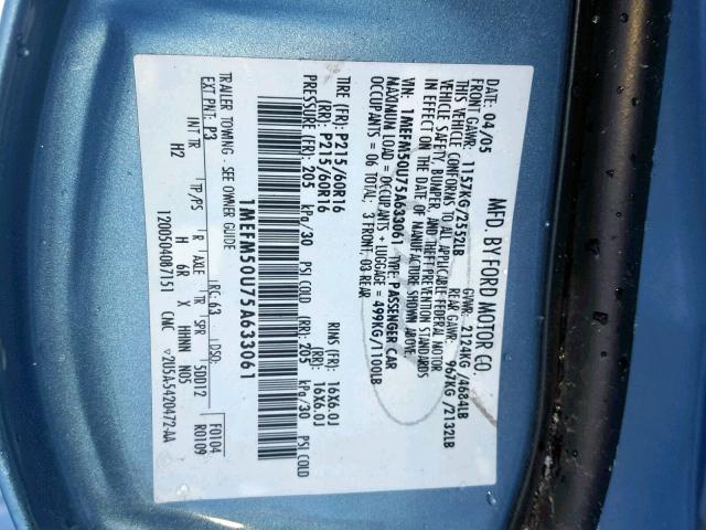 1MEFM50U75A633061 - 2005 MERCURY SABLE GS BLUE photo 10