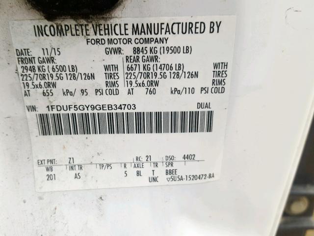 1FDUF5GY9GEB34703 - 2016 FORD F550 SUPER WHITE photo 10