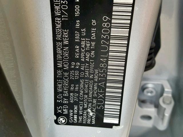 5UXFA13584LU23089 - 2004 BMW X5 3.0I SILVER photo 10