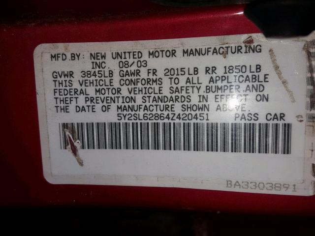 5Y2SL62864Z420451 - 2004 PONTIAC VIBE წითელი ფოტო 10