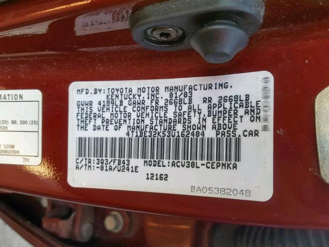 4T1BE32K53U162404 - 2003 TOYOTA CAMRY LE RED photo 10