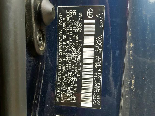 JTKDE167980239211 - 2008 TOYOTA SCION TC ლურჯი ფოტო 10