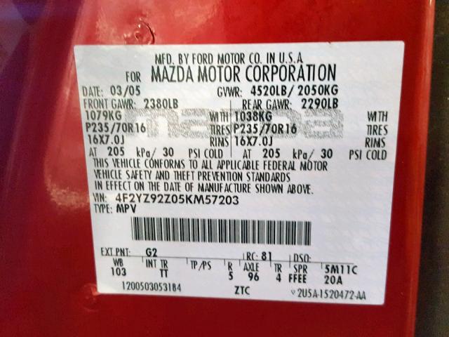 4F2YZ92Z05KM57203 - 2005 MAZDA TRIBUTE I RED photo 10