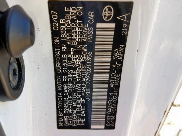 JTKDE177970211356 - 2007 TOYOTA SCION TC 白色 照片 10