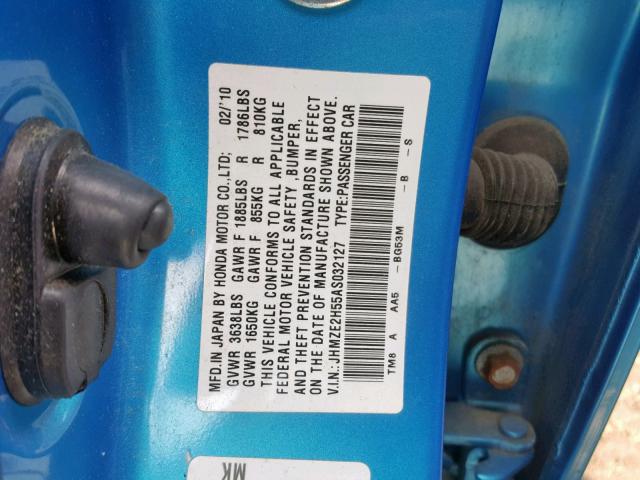 JHMZE2H55AS032127 - 2010 HONDA INSIGHT LX BLUE photo 10