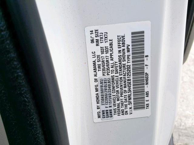 5FNRL5H45EB125202 - 2014 HONDA ODYSSEY EX WHITE photo 10