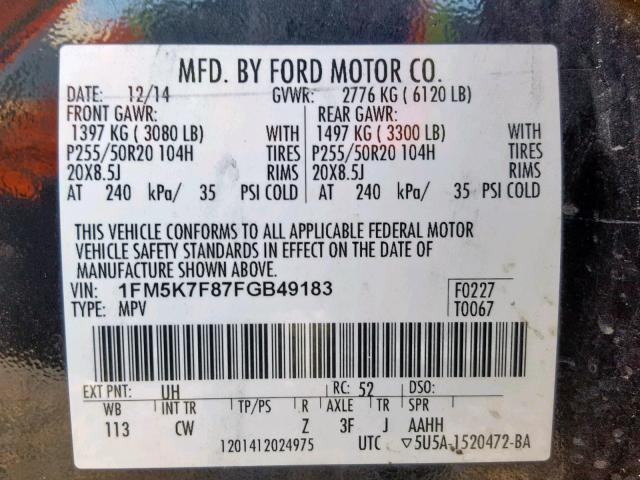 1FM5K7F87FGB49183 - 2015 FORD EXPLORER L CHARCOAL photo 10