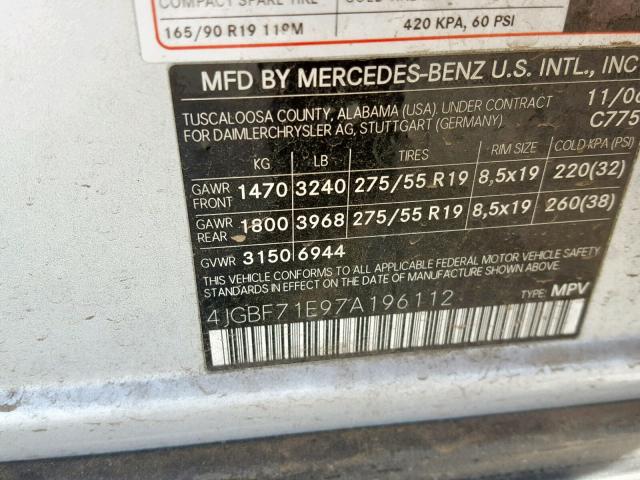 4JGBF71E97A196112 - 2007 MERCEDES-BENZ GL 450 4MA SILVER photo 10