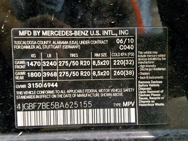 4JGBF7BE5BA625155 - 2011 MERCEDES-BENZ GL 450 4MA BLACK photo 10