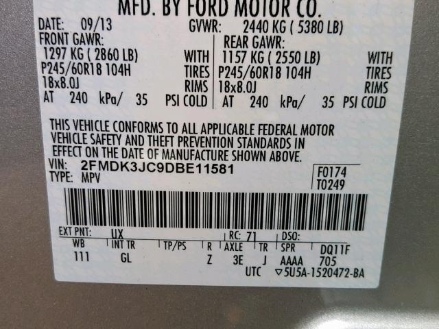 2FMDK3JC9DBE11581 - 2013 FORD EDGE SEL SILVER photo 10