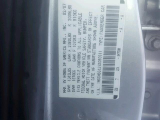 1HGCM66437A060911 - 2007 HONDA ACCORD SE SILVER photo 10