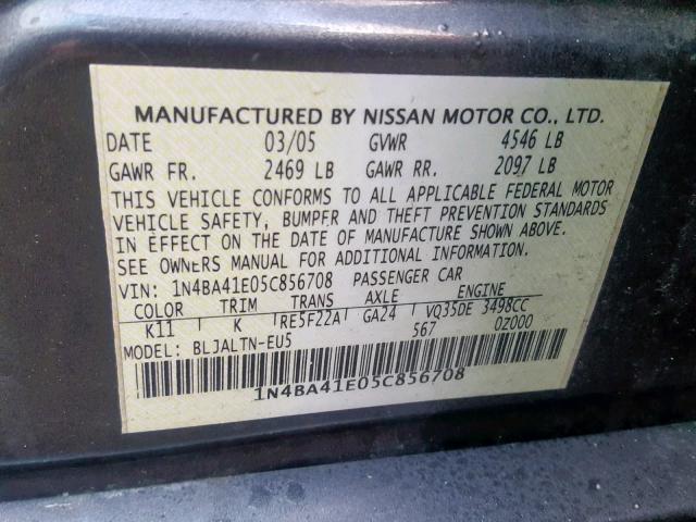 1N4BA41E05C856708 - 2005 NISSAN MAXIMA SE GRAY photo 10